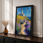 This impasto style painting features a lighthouse perched on a coastal cliff surrounded by vibrant lavender and wildflowers. A winding path leads toward the lighthouse under a bright blue sky with textured brushstrokes creating depth and movement in the landscape composition.