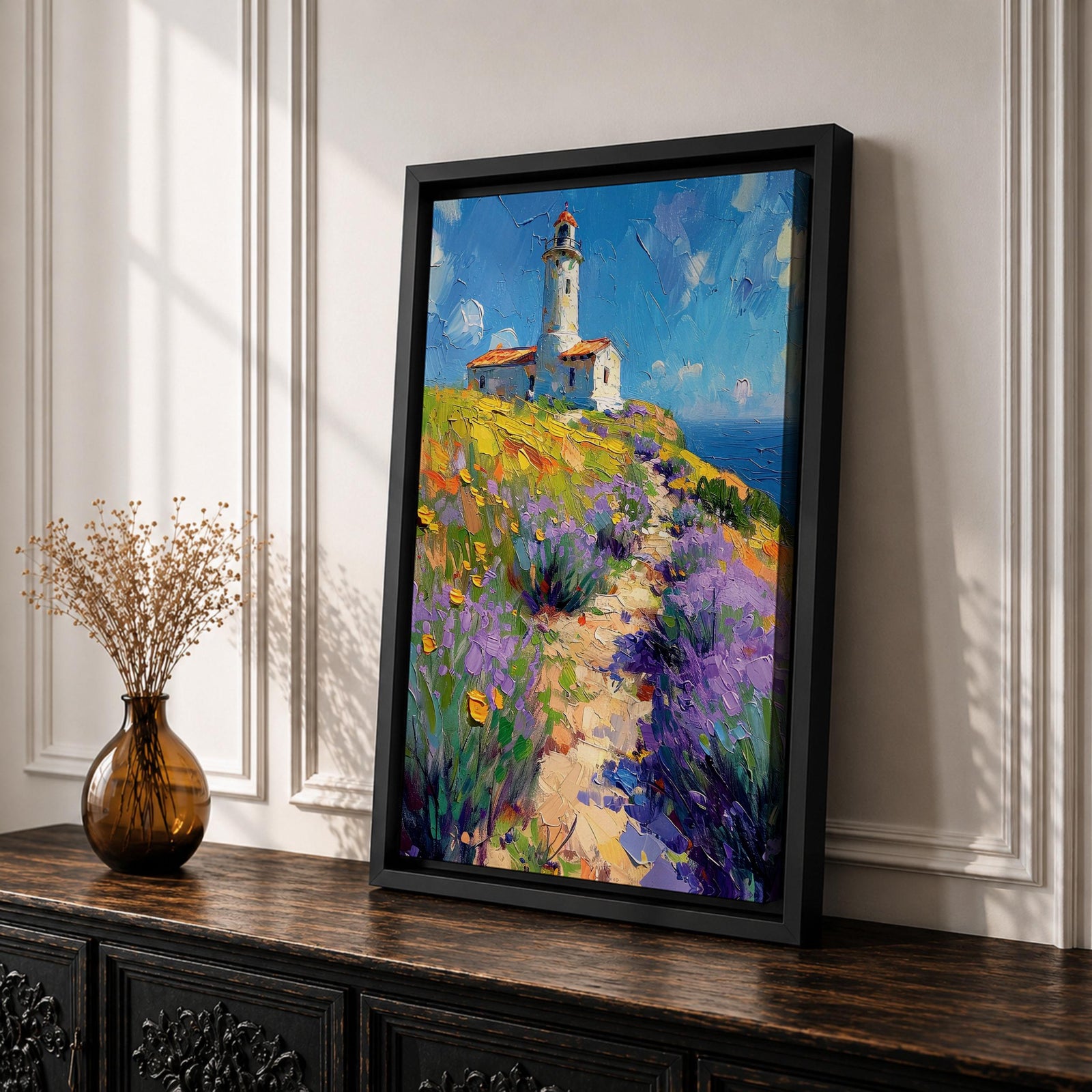 This impasto style painting features a lighthouse perched on a coastal cliff surrounded by vibrant lavender and wildflowers. A winding path leads toward the lighthouse under a bright blue sky with textured brushstrokes creating depth and movement in the landscape composition.