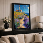 This impasto style painting features a lighthouse perched on a coastal cliff surrounded by vibrant lavender and wildflowers. A winding path leads toward the lighthouse under a bright blue sky with textured brushstrokes creating depth and movement in the landscape composition.