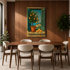 A vibrant framed canvas painting depicting a lemon tree in a terracotta pot set within an open window with blue shutters overlooking a Mediterranean coastal landscape. The artwork captures lush green leaves and ripe lemons with a rustic garden feel, emphasizing natural beauty and outdoor tranquility.