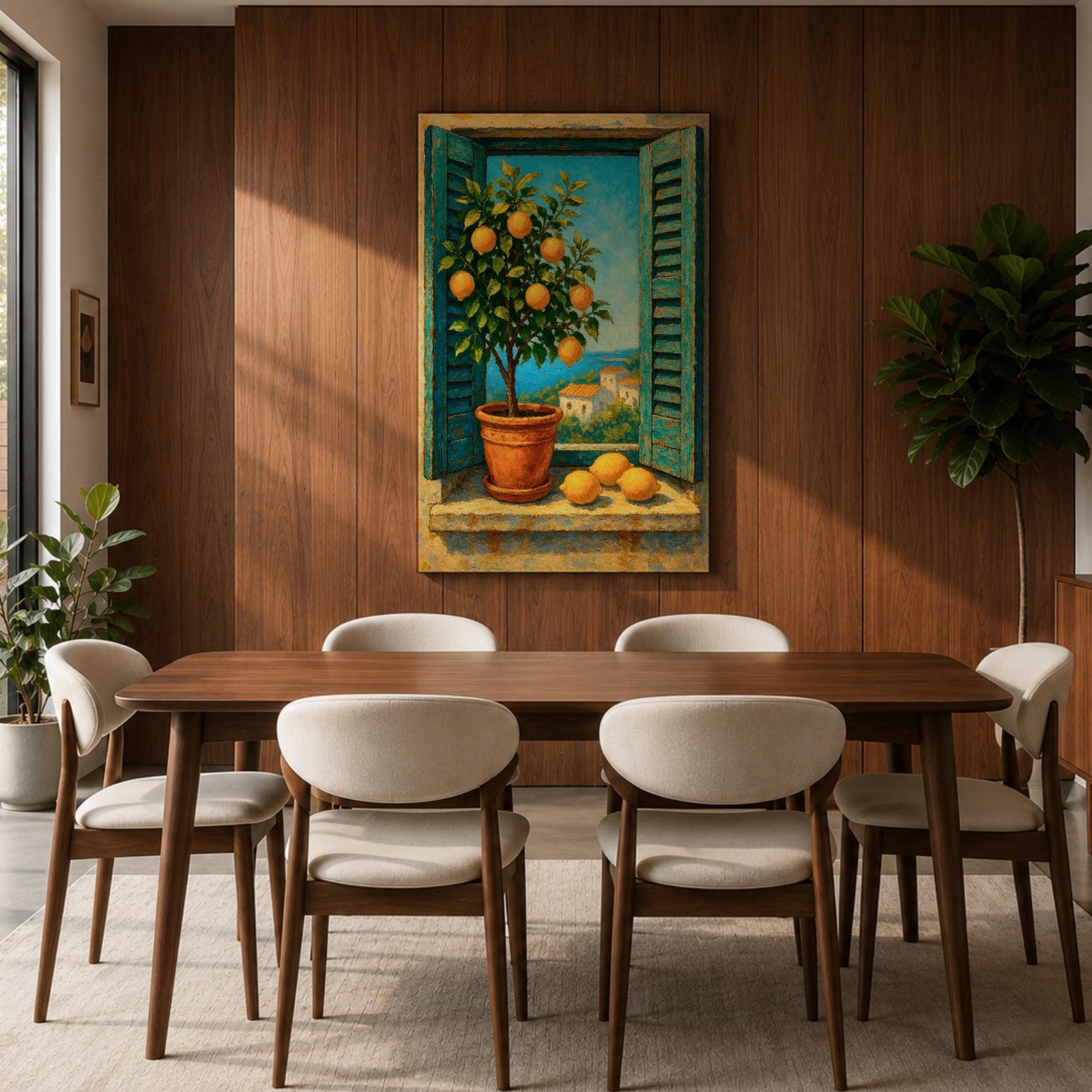 A vibrant framed canvas painting depicting a lemon tree in a terracotta pot set within an open window with blue shutters overlooking a Mediterranean coastal landscape. The artwork captures lush green leaves and ripe lemons with a rustic garden feel, emphasizing natural beauty and outdoor tranquility.