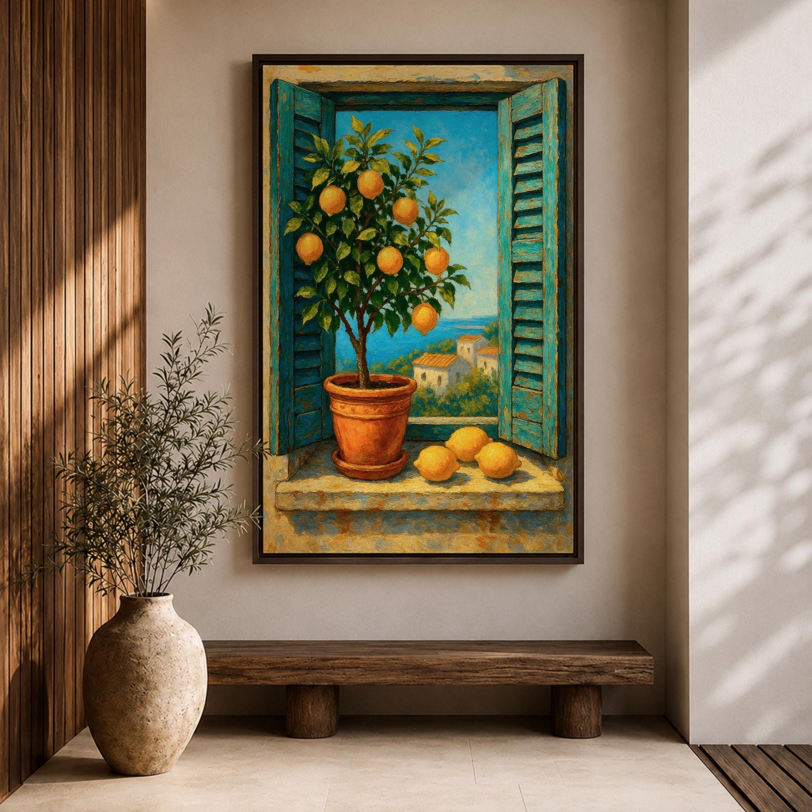 A vibrant framed canvas painting depicting a lemon tree in a terracotta pot set within an open window with blue shutters overlooking a Mediterranean coastal landscape. The artwork captures lush green leaves and ripe lemons with a rustic garden feel, emphasizing natural beauty and outdoor tranquility.