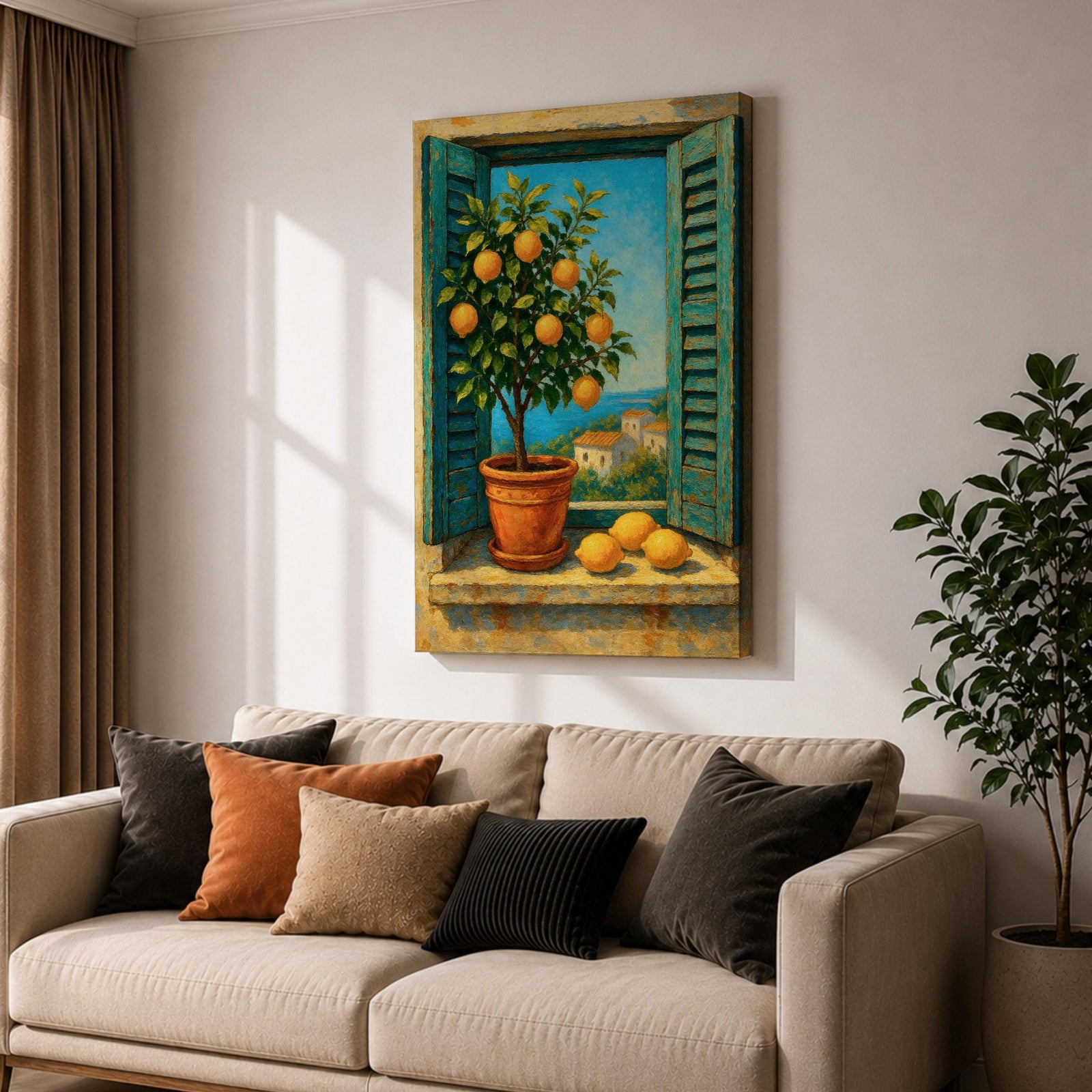 A vibrant framed canvas painting depicting a lemon tree in a terracotta pot set within an open window with blue shutters overlooking a Mediterranean coastal landscape. The artwork captures lush green leaves and ripe lemons with a rustic garden feel, emphasizing natural beauty and outdoor tranquility.