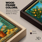 A vibrant framed canvas painting depicting a lemon tree in a terracotta pot set within an open window with blue shutters overlooking a Mediterranean coastal landscape. The artwork captures lush green leaves and ripe lemons with a rustic garden feel, emphasizing natural beauty and outdoor tranquility.