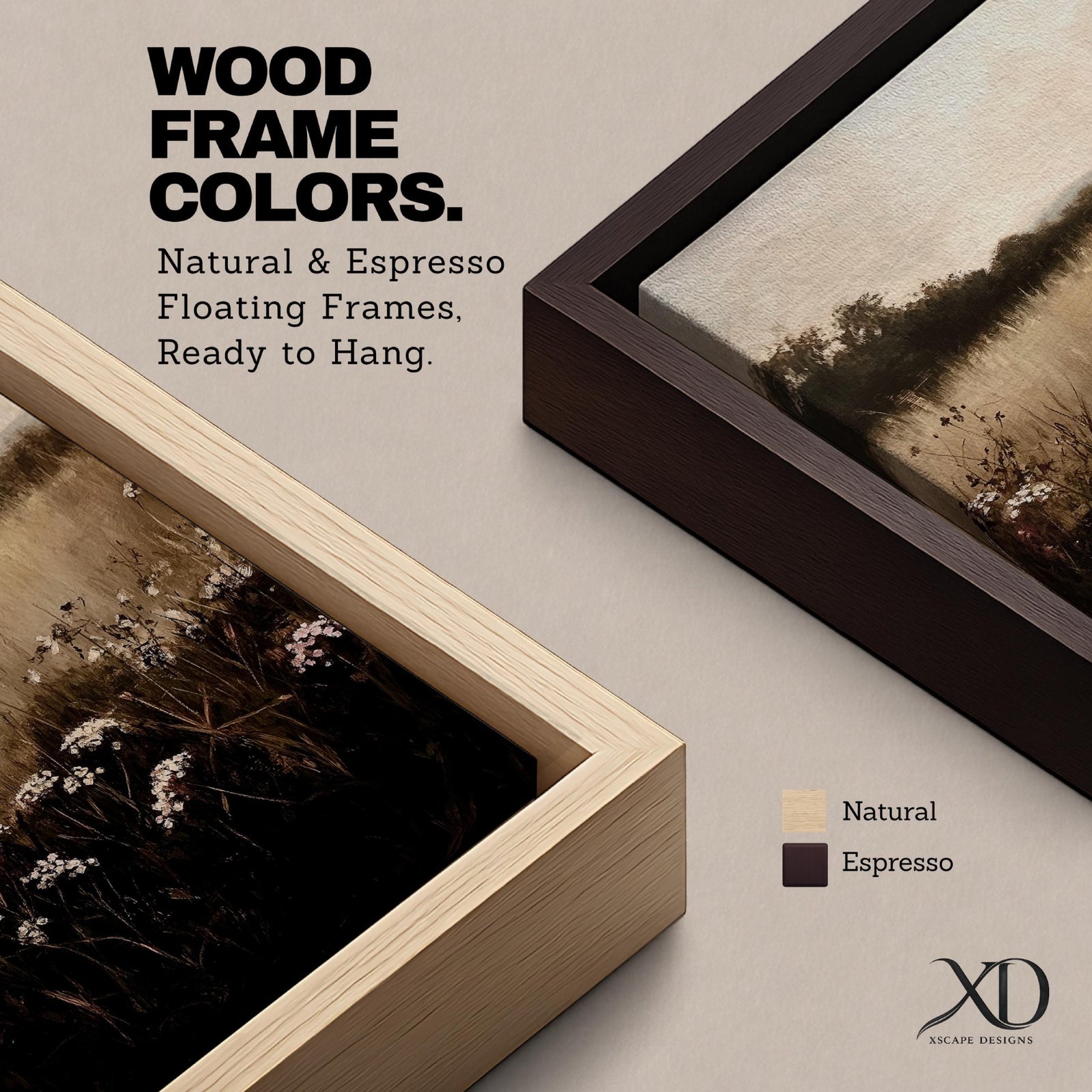 A framed canvas painting depicting a wildflower landscape with tall grasses and clusters of white wildflowers in the foreground, fading into a soft, hazy meadow and distant tree line under a muted sky, rendered in a naturalistic style emphasizing texture and depth.