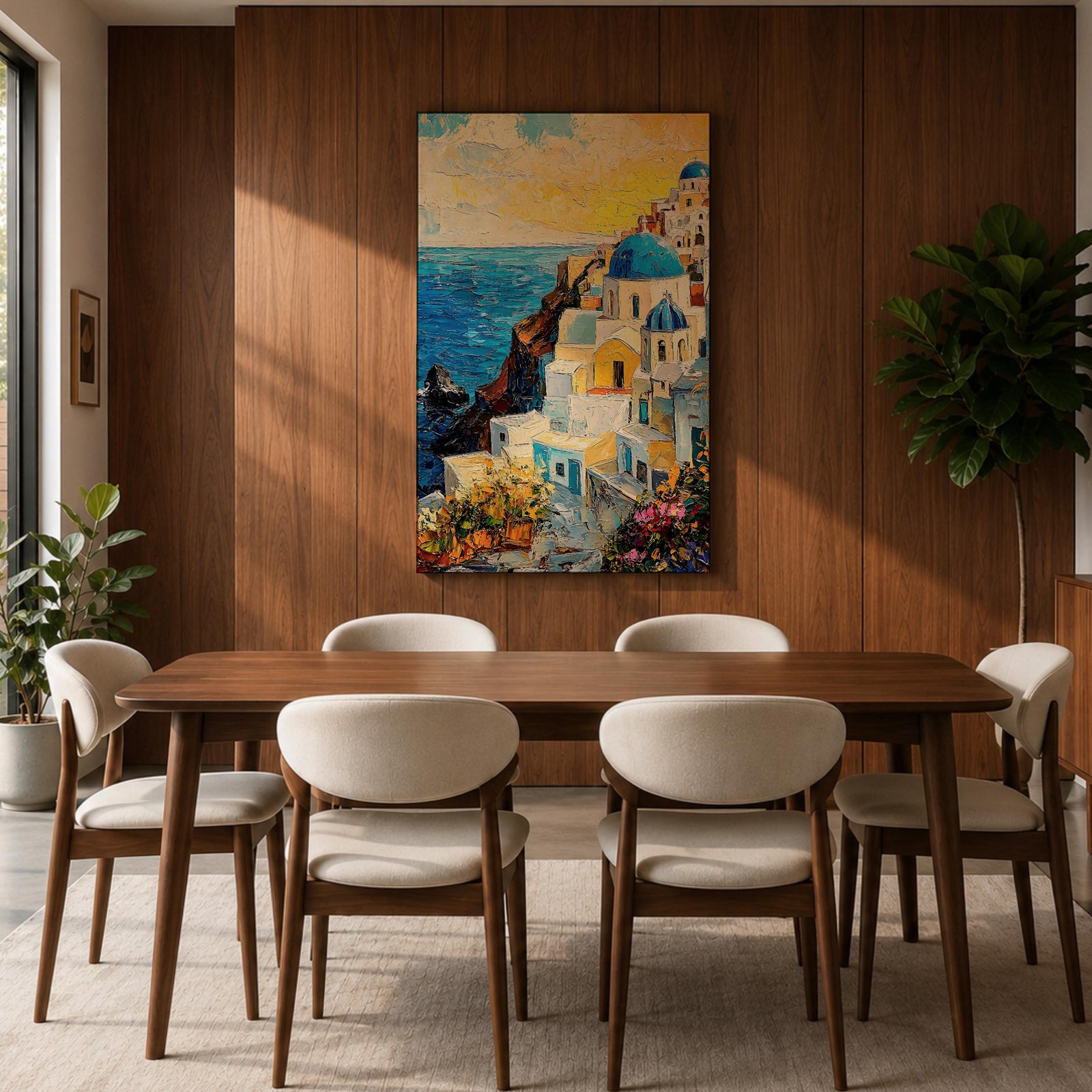 This impasto style painting depicts a vibrant Santorini sunset featuring iconic white buildings with blue domes cascading down a cliffside overlooking the deep blue sea. The textured brushstrokes emphasize the Mediterranean coastal landscape with bright, dynamic colors and detailed architectural elements.