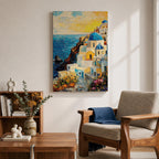 This impasto style painting depicts a vibrant Santorini sunset featuring iconic white buildings with blue domes cascading down a cliffside overlooking the deep blue sea. The textured brushstrokes emphasize the Mediterranean coastal landscape with bright, dynamic colors and detailed architectural elements.
