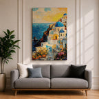 This impasto style painting depicts a vibrant Santorini sunset featuring iconic white buildings with blue domes cascading down a cliffside overlooking the deep blue sea. The textured brushstrokes emphasize the Mediterranean coastal landscape with bright, dynamic colors and detailed architectural elements.