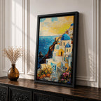 This impasto style painting depicts a vibrant Santorini sunset featuring iconic white buildings with blue domes cascading down a cliffside overlooking the deep blue sea. The textured brushstrokes emphasize the Mediterranean coastal landscape with bright, dynamic colors and detailed architectural elements.