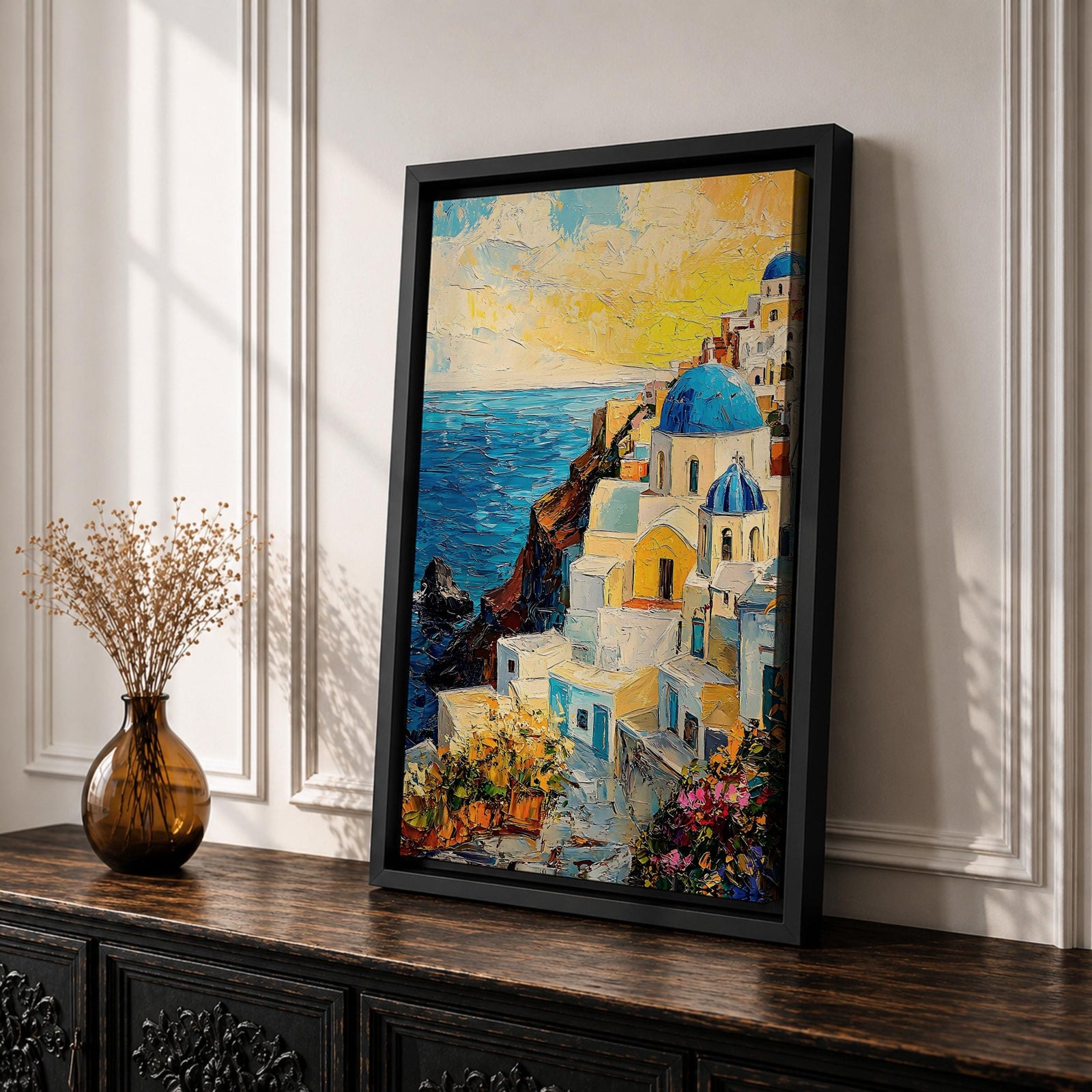 This impasto style painting depicts a vibrant Santorini sunset featuring iconic white buildings with blue domes cascading down a cliffside overlooking the deep blue sea. The textured brushstrokes emphasize the Mediterranean coastal landscape with bright, dynamic colors and detailed architectural elements.