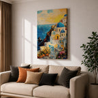This impasto style painting depicts a vibrant Santorini sunset featuring iconic white buildings with blue domes cascading down a cliffside overlooking the deep blue sea. The textured brushstrokes emphasize the Mediterranean coastal landscape with bright, dynamic colors and detailed architectural elements.