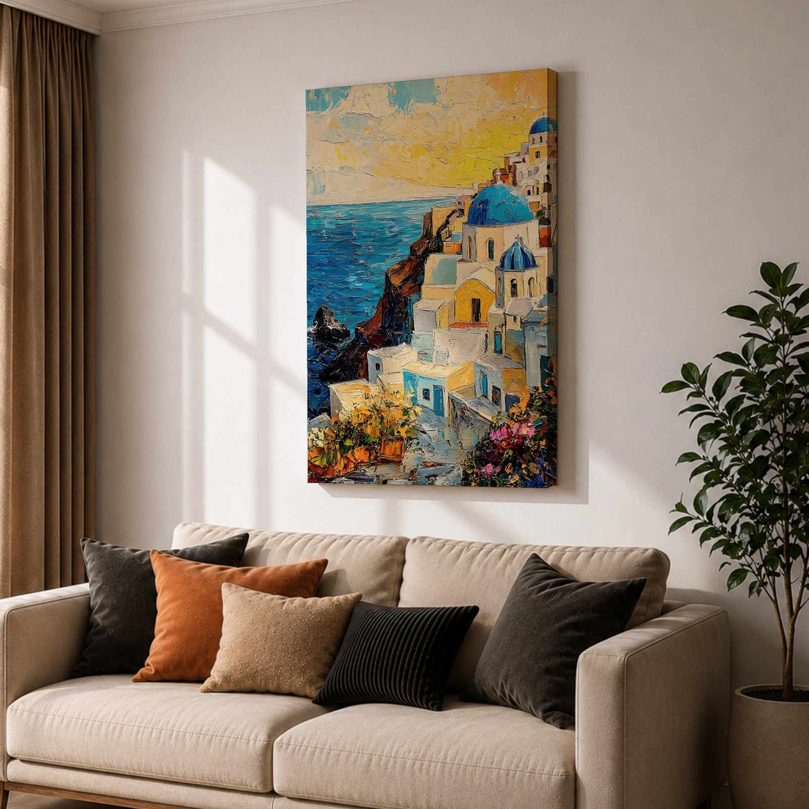 This impasto style painting depicts a vibrant Santorini sunset featuring iconic white buildings with blue domes cascading down a cliffside overlooking the deep blue sea. The textured brushstrokes emphasize the Mediterranean coastal landscape with bright, dynamic colors and detailed architectural elements.