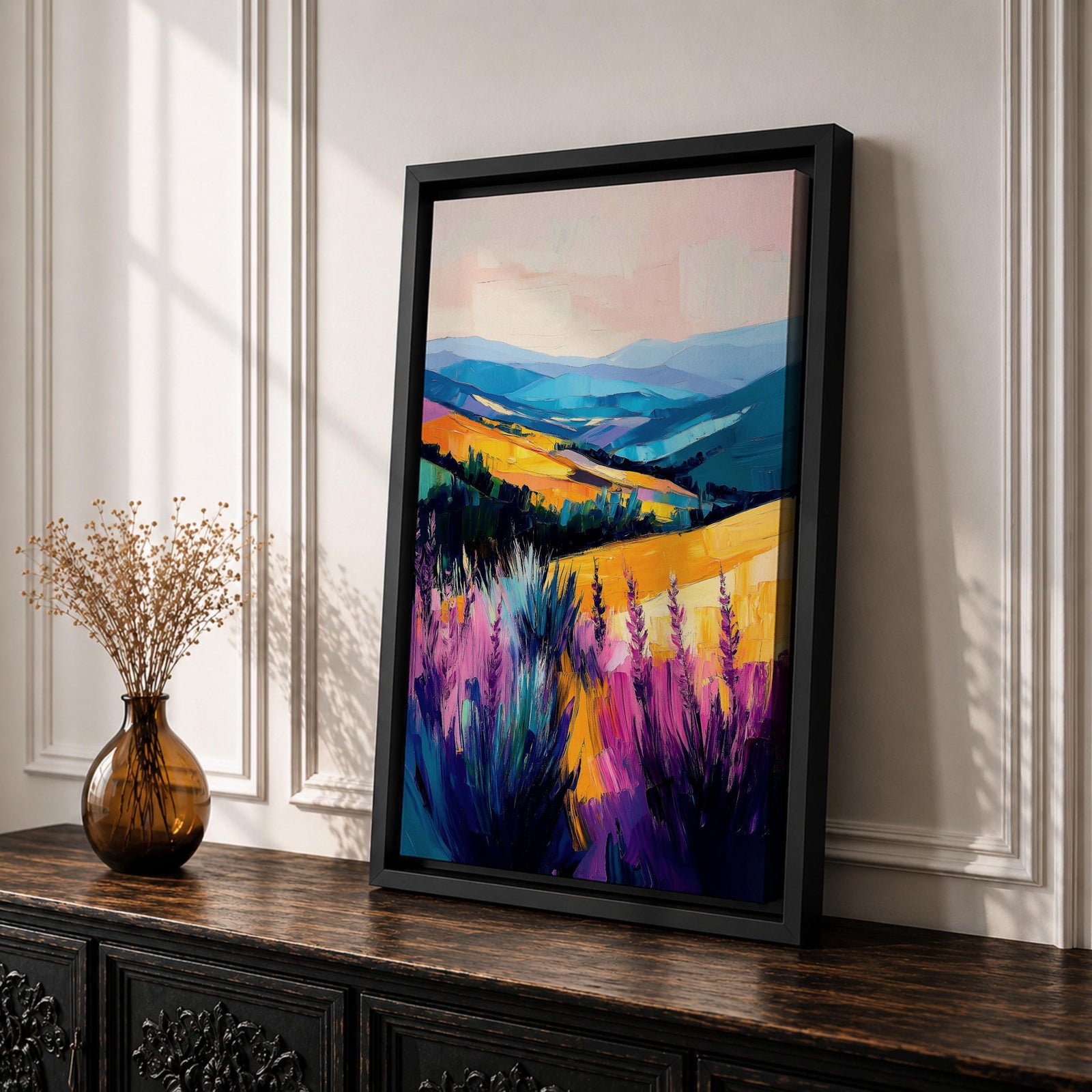 A vibrant oil painting of a lavender field featuring tall purple blooms in the foreground with rolling golden hills and blue mountains in the background. The brushstrokes are expressive and textured, capturing the natural beauty of a rustic botanical landscape in a colorful, realistic style.