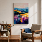 A vibrant oil painting of a lavender field featuring tall purple blooms in the foreground with rolling golden hills and blue mountains in the background. The brushstrokes are expressive and textured, capturing the natural beauty of a rustic botanical landscape in a colorful, realistic style.