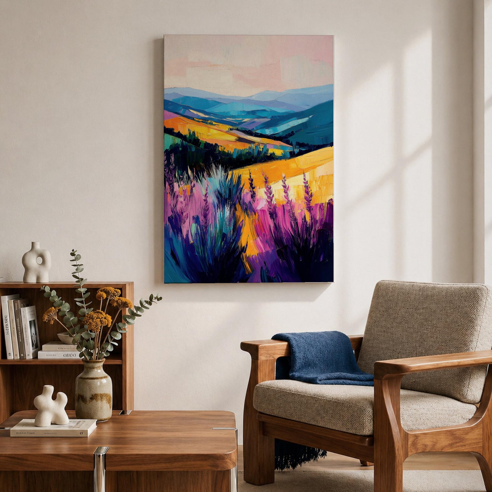 A vibrant oil painting of a lavender field featuring tall purple blooms in the foreground with rolling golden hills and blue mountains in the background. The brushstrokes are expressive and textured, capturing the natural beauty of a rustic botanical landscape in a colorful, realistic style.