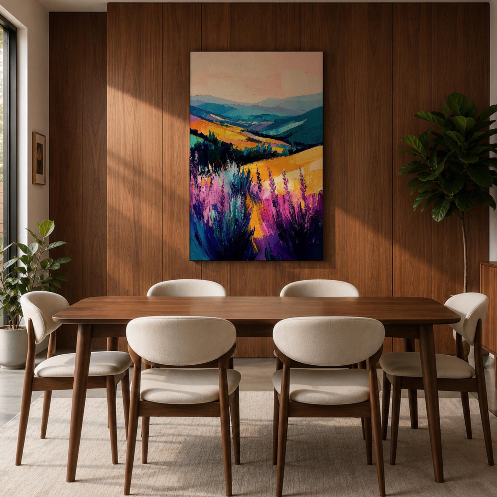 A vibrant oil painting of a lavender field featuring tall purple blooms in the foreground with rolling golden hills and blue mountains in the background. The brushstrokes are expressive and textured, capturing the natural beauty of a rustic botanical landscape in a colorful, realistic style.