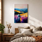 A vibrant oil painting of a lavender field featuring tall purple blooms in the foreground with rolling golden hills and blue mountains in the background. The brushstrokes are expressive and textured, capturing the natural beauty of a rustic botanical landscape in a colorful, realistic style.