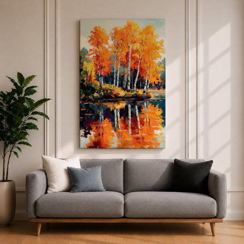 A vibrant watercolor painting of birch trees with bright orange and yellow autumn leaves reflected in a calm lake, showcasing a scenic nature landscape with detailed foliage and serene water reflections.