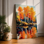 A vibrant watercolor painting of birch trees with bright orange and yellow autumn leaves reflected in a calm lake, showcasing a scenic nature landscape with detailed foliage and serene water reflections.