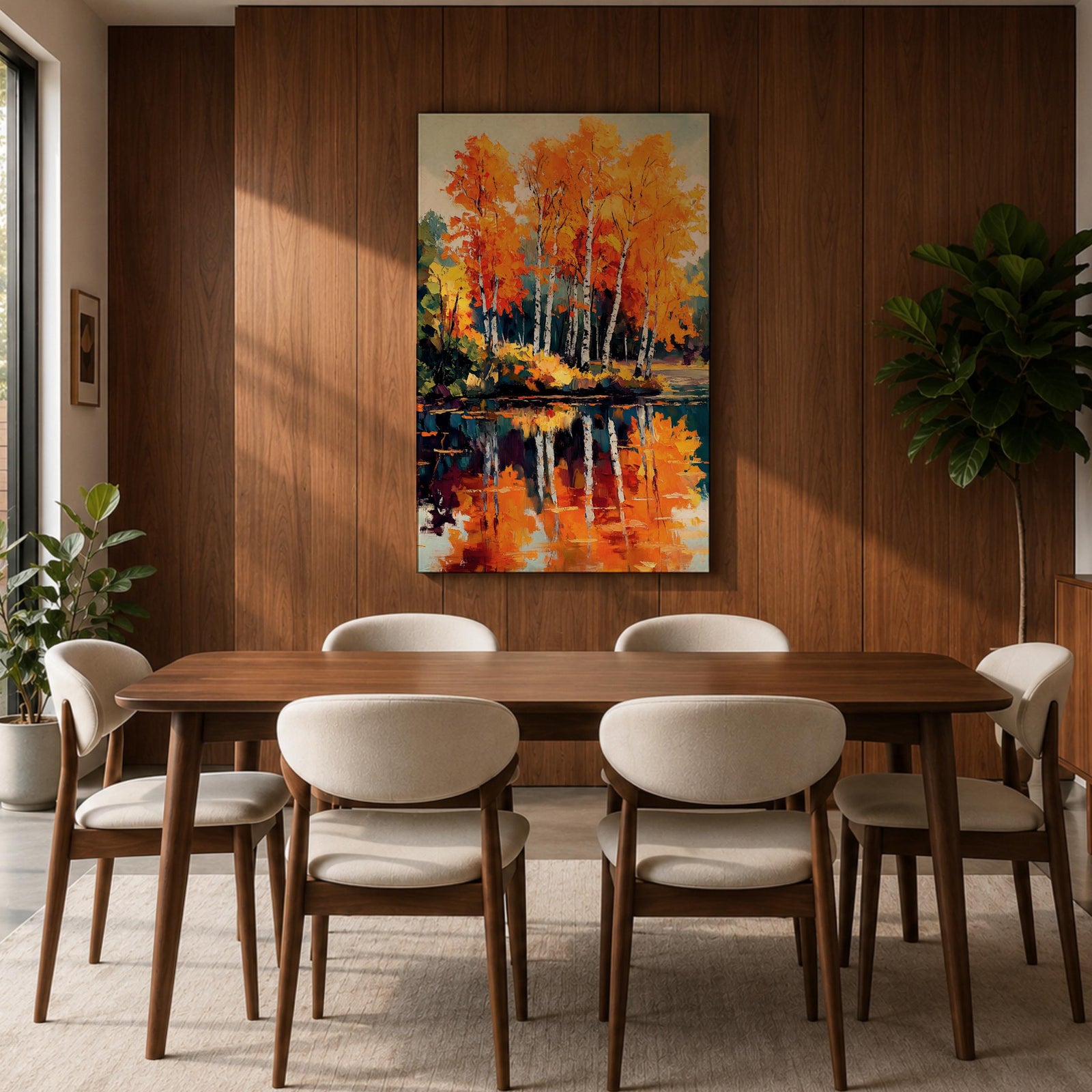 A vibrant watercolor painting of birch trees with bright orange and yellow autumn leaves reflected in a calm lake, showcasing a scenic nature landscape with detailed foliage and serene water reflections.