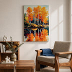 A vibrant watercolor painting of birch trees with bright orange and yellow autumn leaves reflected in a calm lake, showcasing a scenic nature landscape with detailed foliage and serene water reflections.