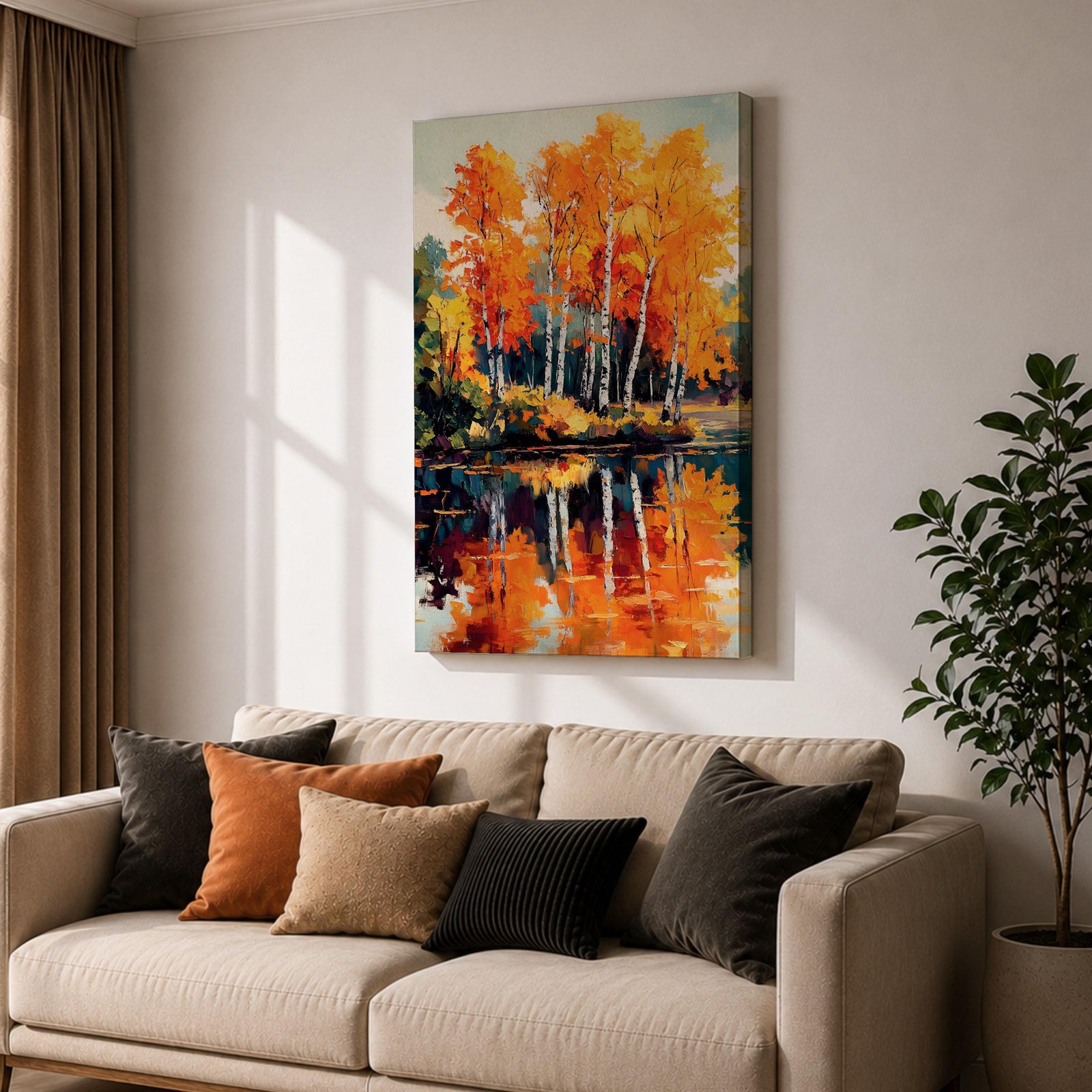 A vibrant watercolor painting of birch trees with bright orange and yellow autumn leaves reflected in a calm lake, showcasing a scenic nature landscape with detailed foliage and serene water reflections.