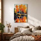 A vibrant watercolor painting of birch trees with bright orange and yellow autumn leaves reflected in a calm lake, showcasing a scenic nature landscape with detailed foliage and serene water reflections.