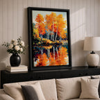 A vibrant watercolor painting of birch trees with bright orange and yellow autumn leaves reflected in a calm lake, showcasing a scenic nature landscape with detailed foliage and serene water reflections.