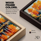 A vibrant watercolor painting of birch trees with bright orange and yellow autumn leaves reflected in a calm lake, showcasing a scenic nature landscape with detailed foliage and serene water reflections.