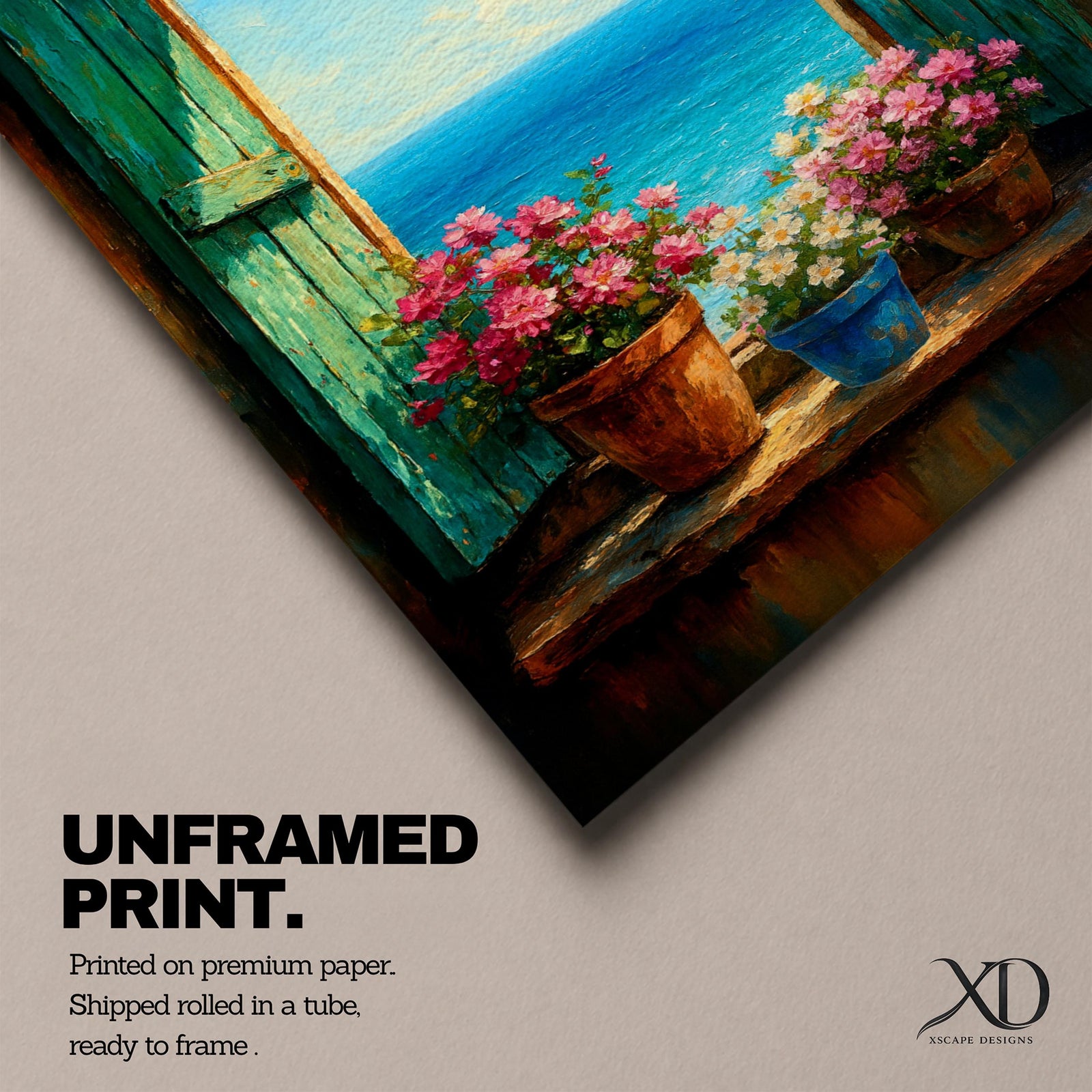 A framed canvas painting depicting a window opening to a bright blue ocean view with a clear sky and birds flying. The window sill holds three pots of vibrant pink and white flowers. The style is realistic with textured brushstrokes emphasizing natural elements and a rustic charm.