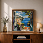 Mediterranean Balcony View Wall Art Coastal Window Framed Canvas Seaside Landscape Living Room Decor