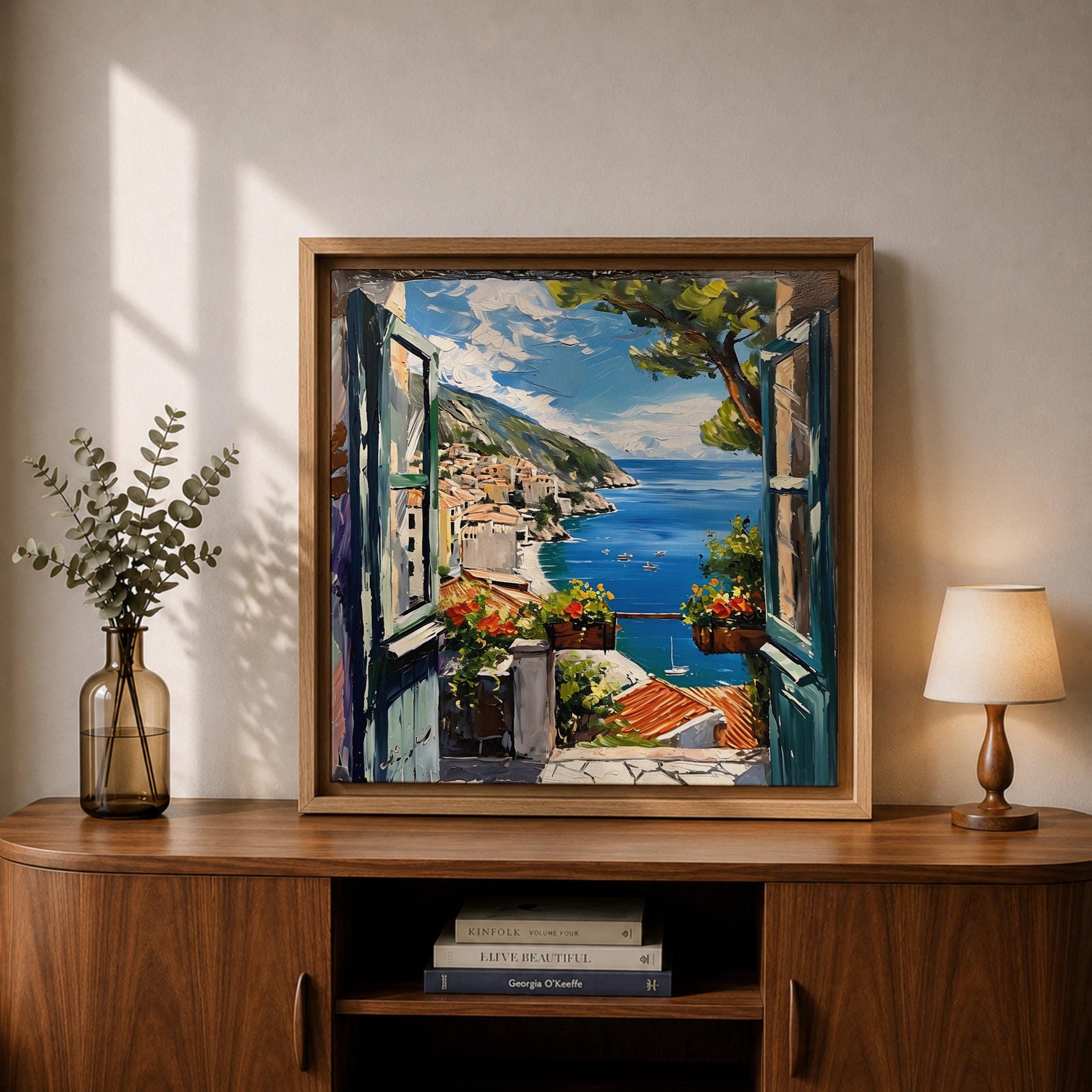 Mediterranean Balcony View Wall Art Coastal Window Framed Canvas Seaside Landscape Living Room Decor