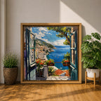 Mediterranean Balcony View Wall Art Coastal Window Framed Canvas Seaside Landscape Living Room Decor