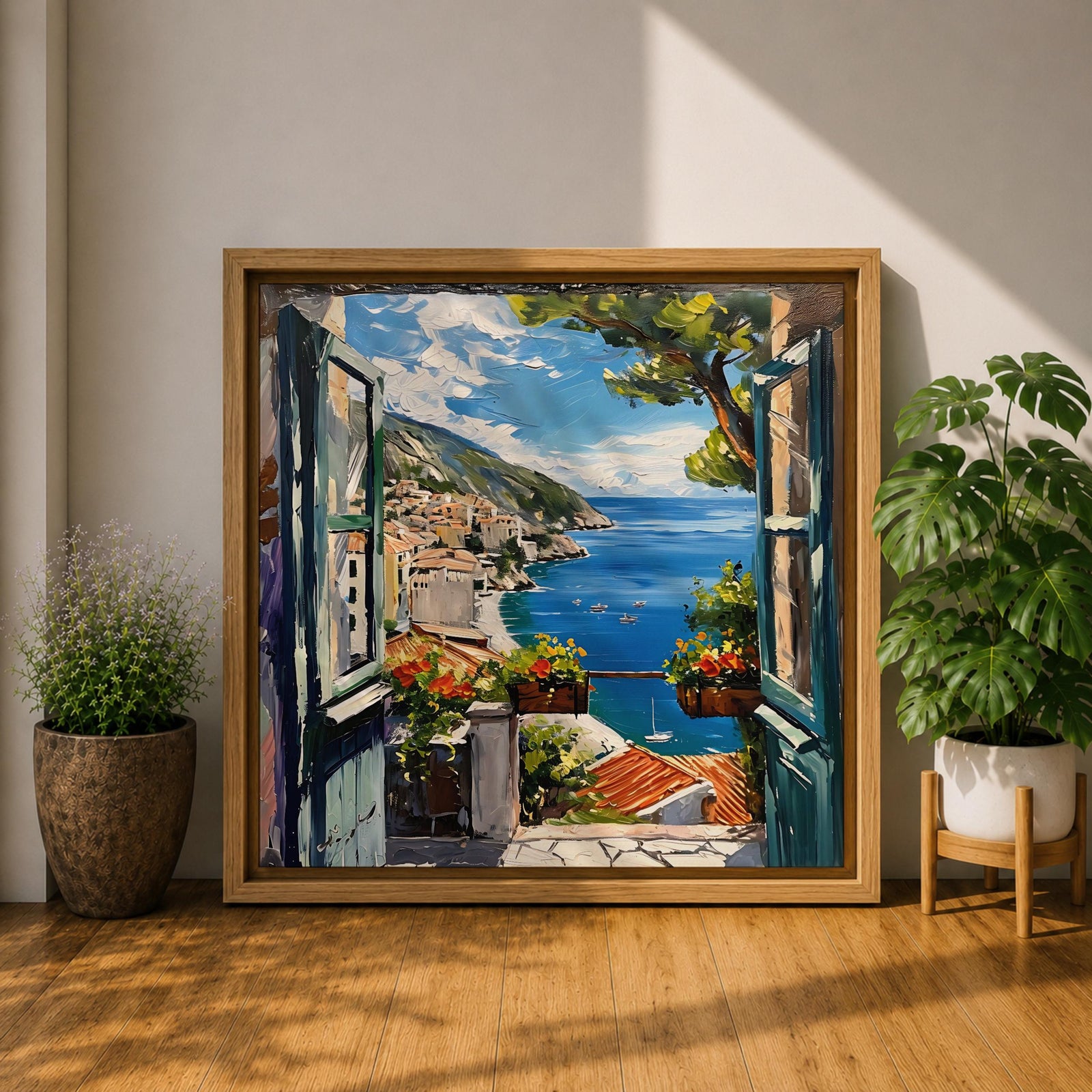 Mediterranean Balcony View Wall Art Coastal Window Framed Canvas Seaside Landscape Living Room Decor