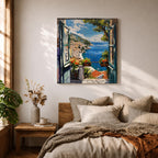 Mediterranean Balcony View Wall Art Coastal Window Framed Canvas Seaside Landscape Living Room Decor