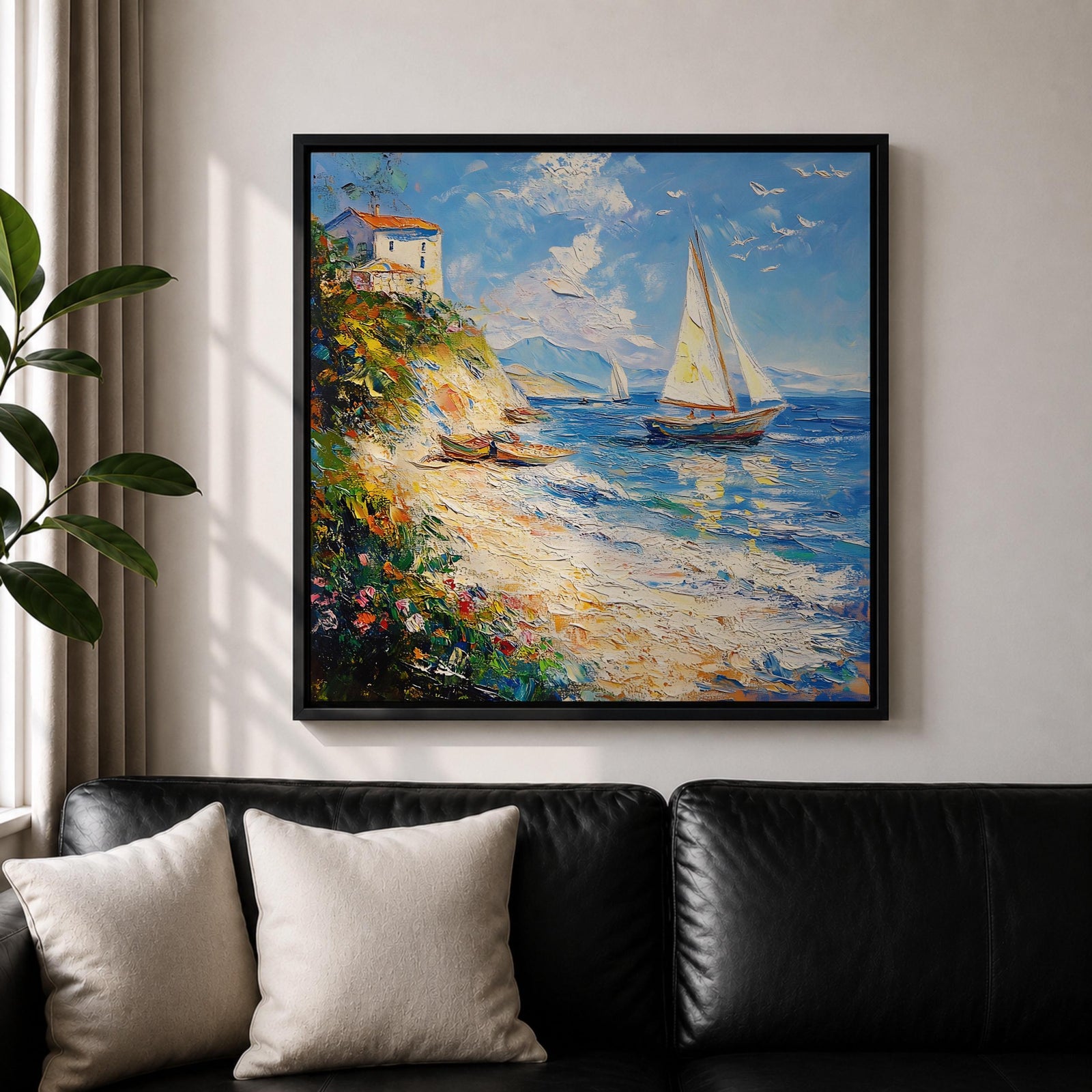 Sailboat Seascape Wall Art Coastal Nautical Framed Canvas Ocean Landscape Beach House Decor