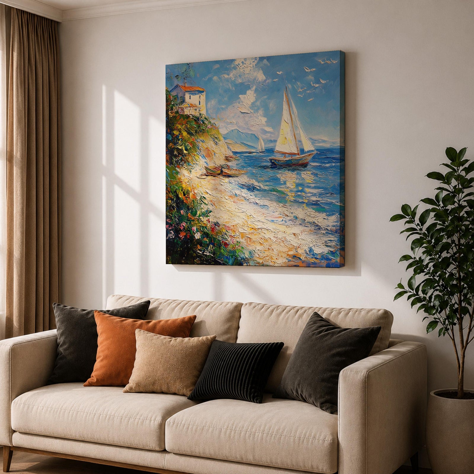 Sailboat Seascape Wall Art Coastal Nautical Framed Canvas Ocean Landscape Beach House Decor