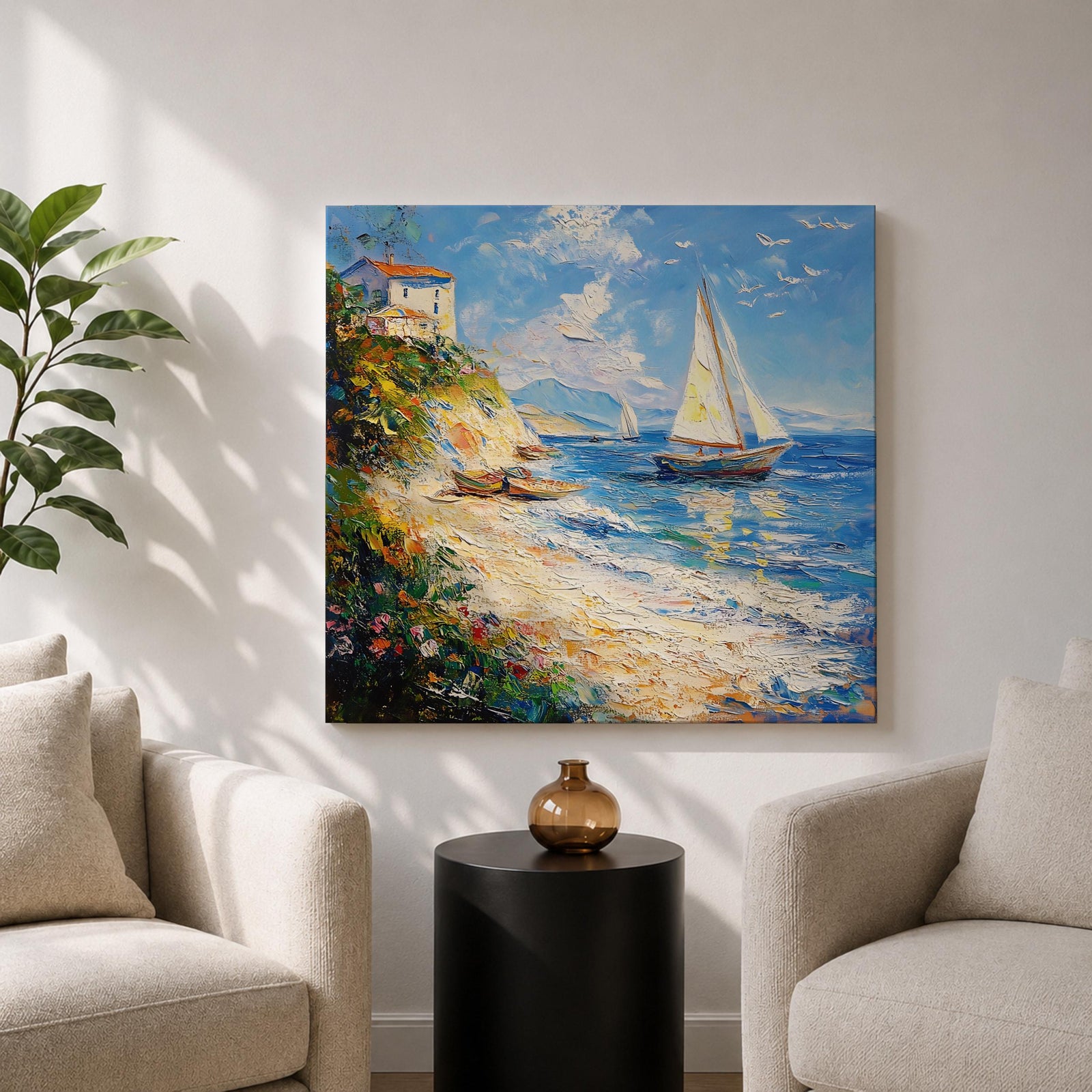Sailboat Seascape Wall Art Coastal Nautical Framed Canvas Ocean Landscape Beach House Decor