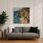 Mediterranean Coastal Village Wall Art Seaside Town Framed Canvas Beach Landscape Living Room Decor