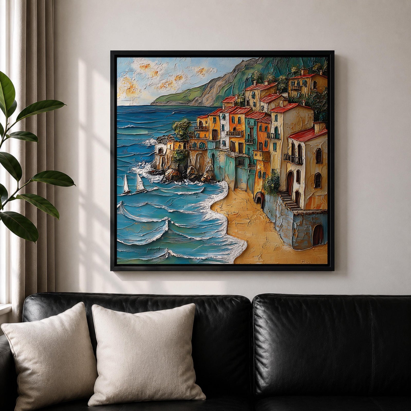 Mediterranean Coastal Village Wall Art Seaside Town Framed Canvas Beach Landscape Living Room Decor