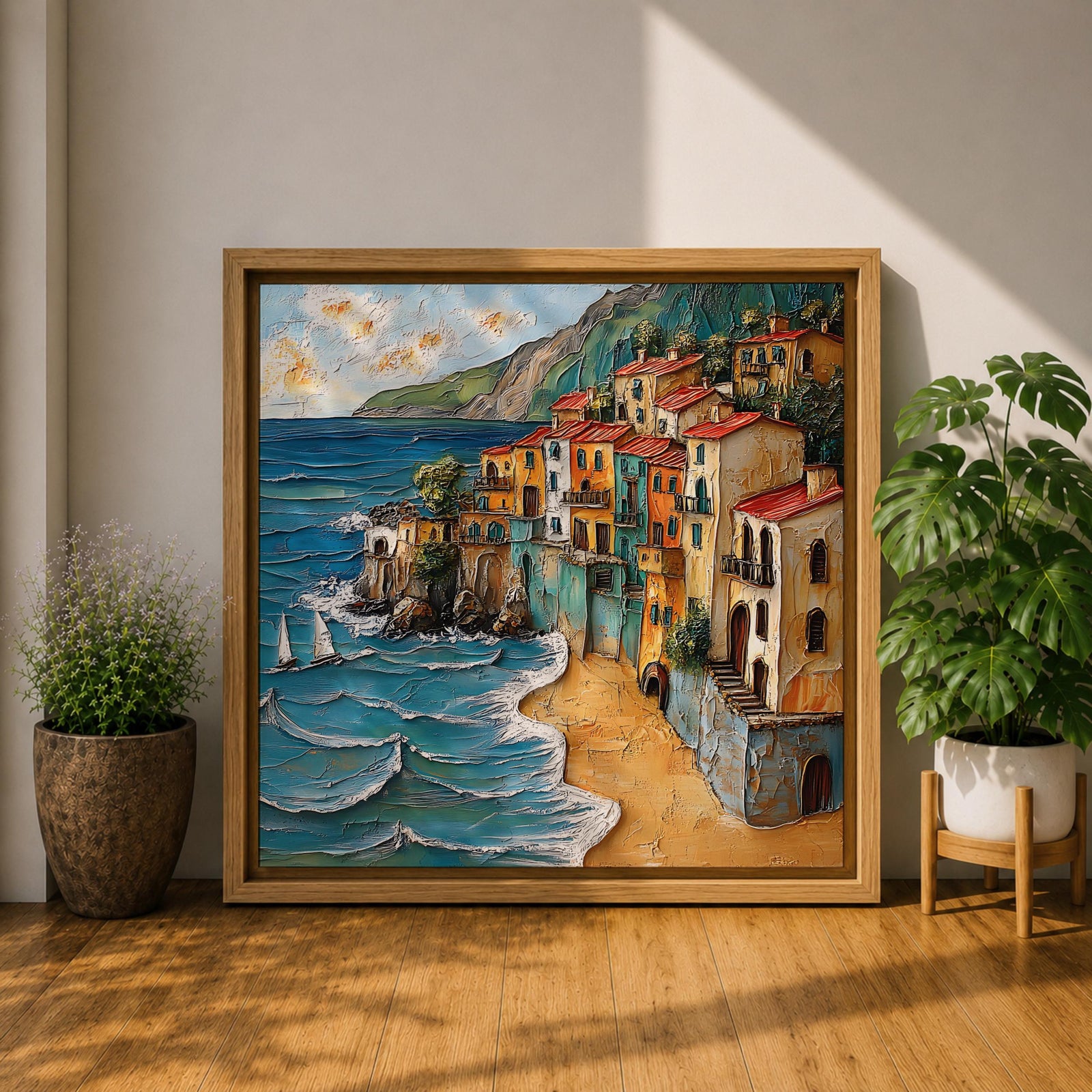 Mediterranean Coastal Village Wall Art Seaside Town Framed Canvas Beach Landscape Living Room Decor