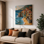 Mediterranean Coastal Village Wall Art Seaside Town Framed Canvas Beach Landscape Living Room Decor