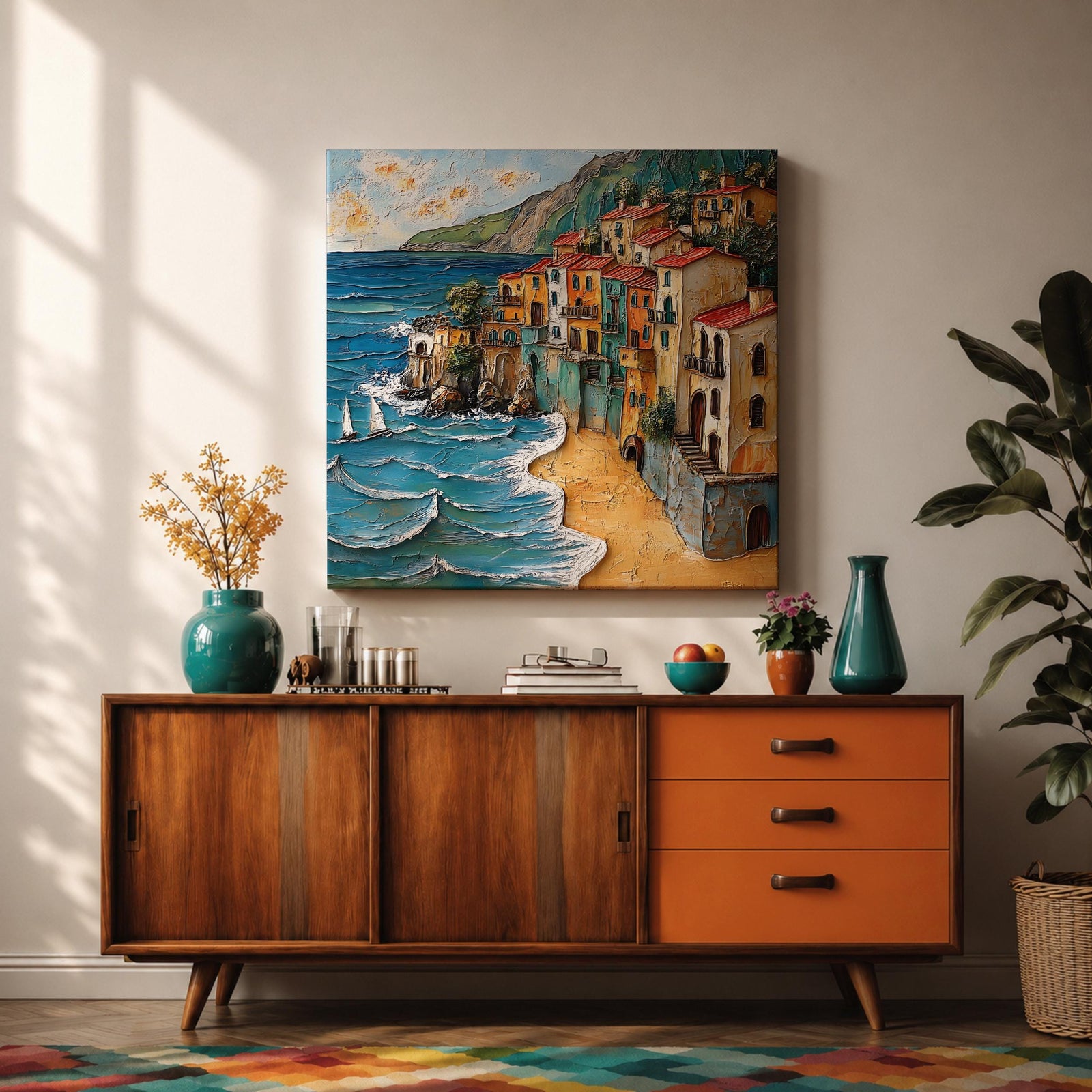 Mediterranean Coastal Village Wall Art Seaside Town Framed Canvas Beach Landscape Living Room Decor