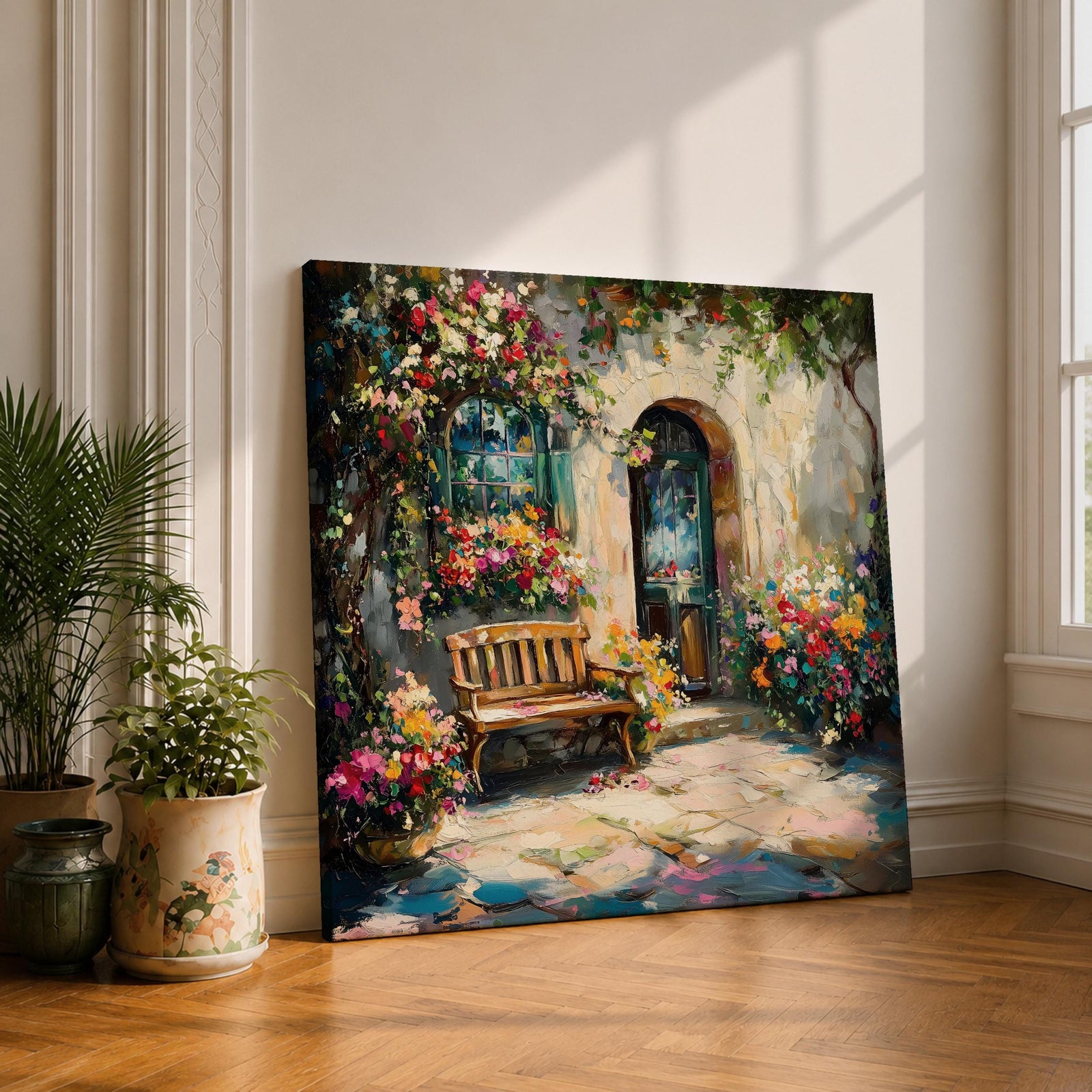 Mediterranean Courtyard Wall Art Italian Patio Framed Canvas Floral Garden Rustic Home Decor