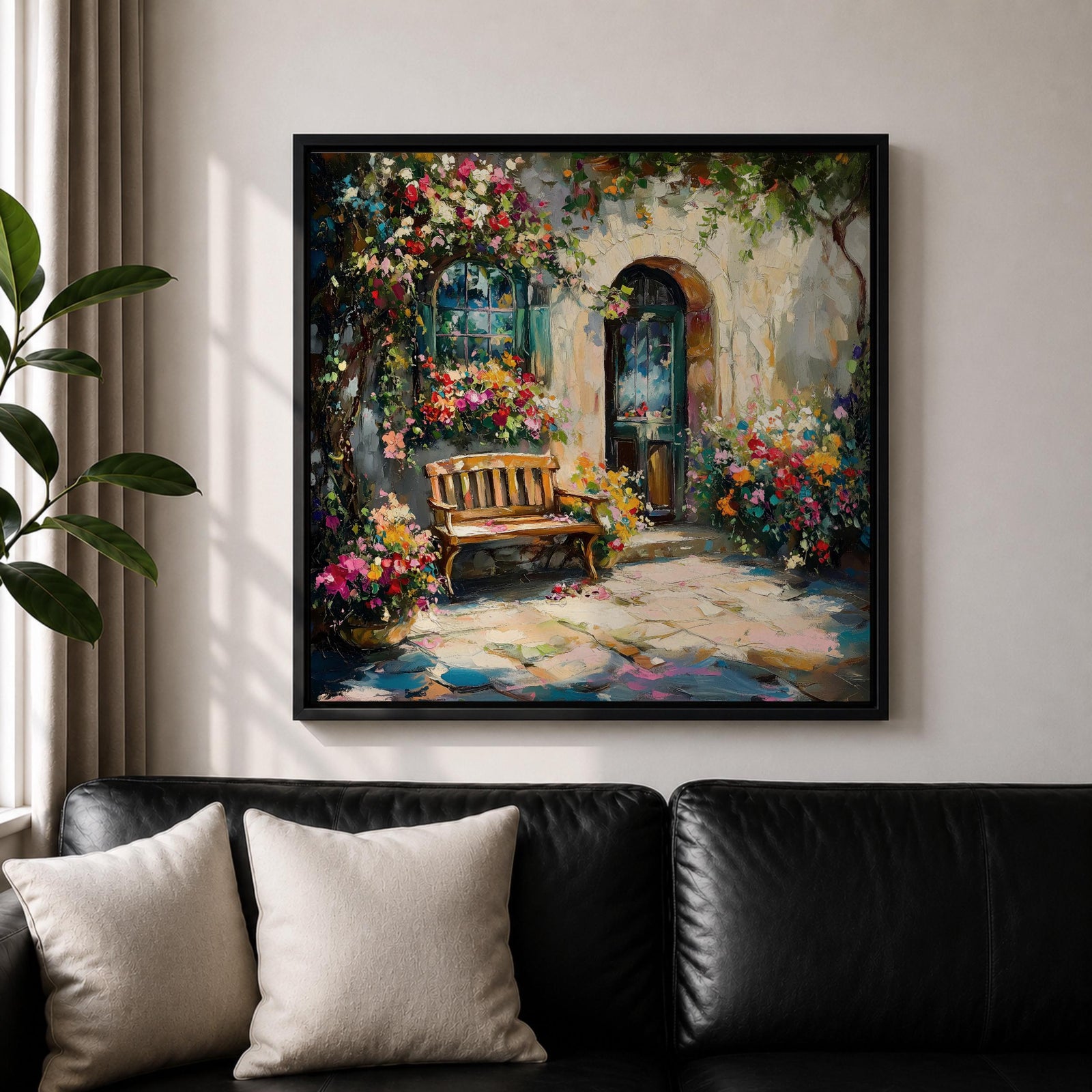 Mediterranean Courtyard Wall Art Italian Patio Framed Canvas Floral Garden Rustic Home Decor
