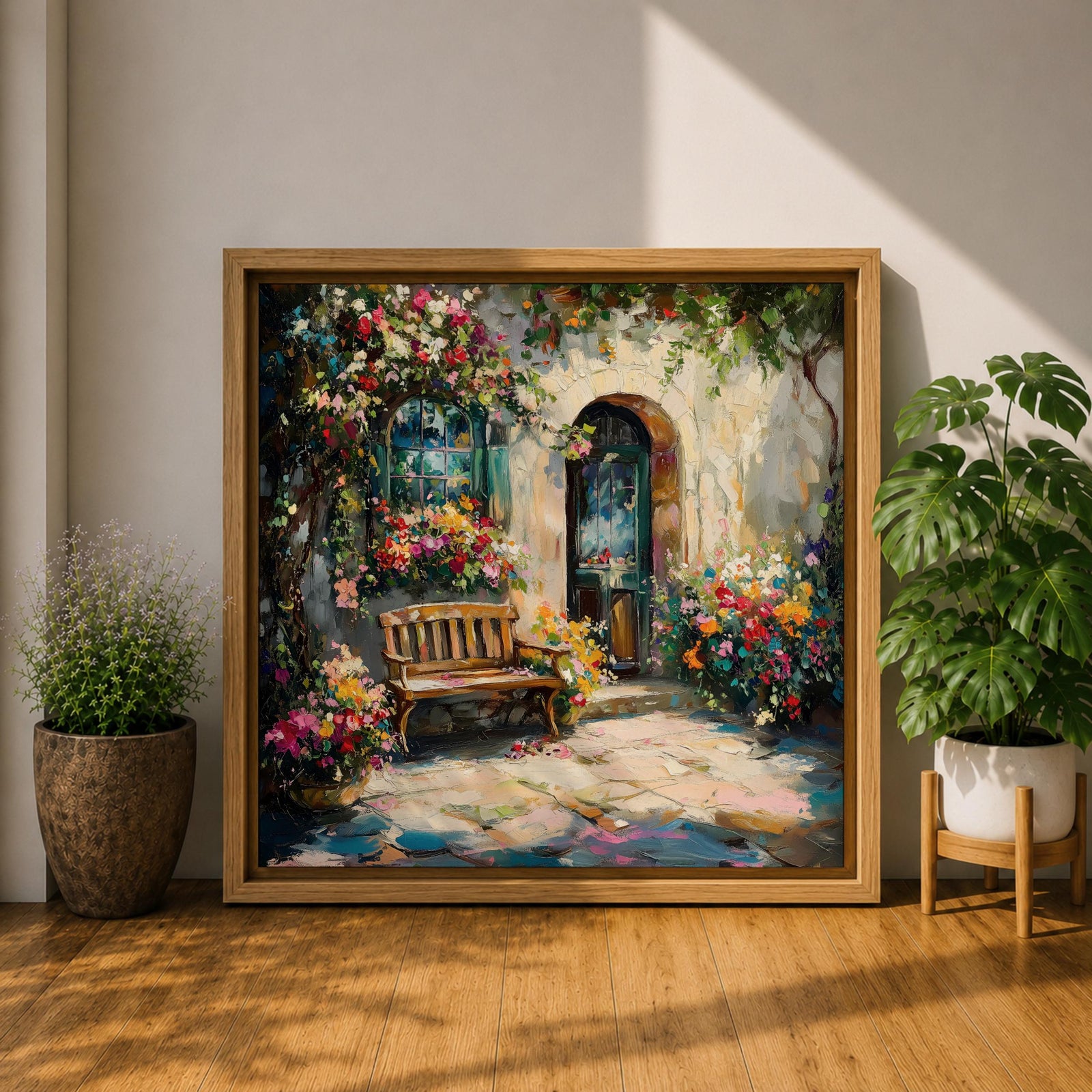 Mediterranean Courtyard Wall Art Italian Patio Framed Canvas Floral Garden Rustic Home Decor