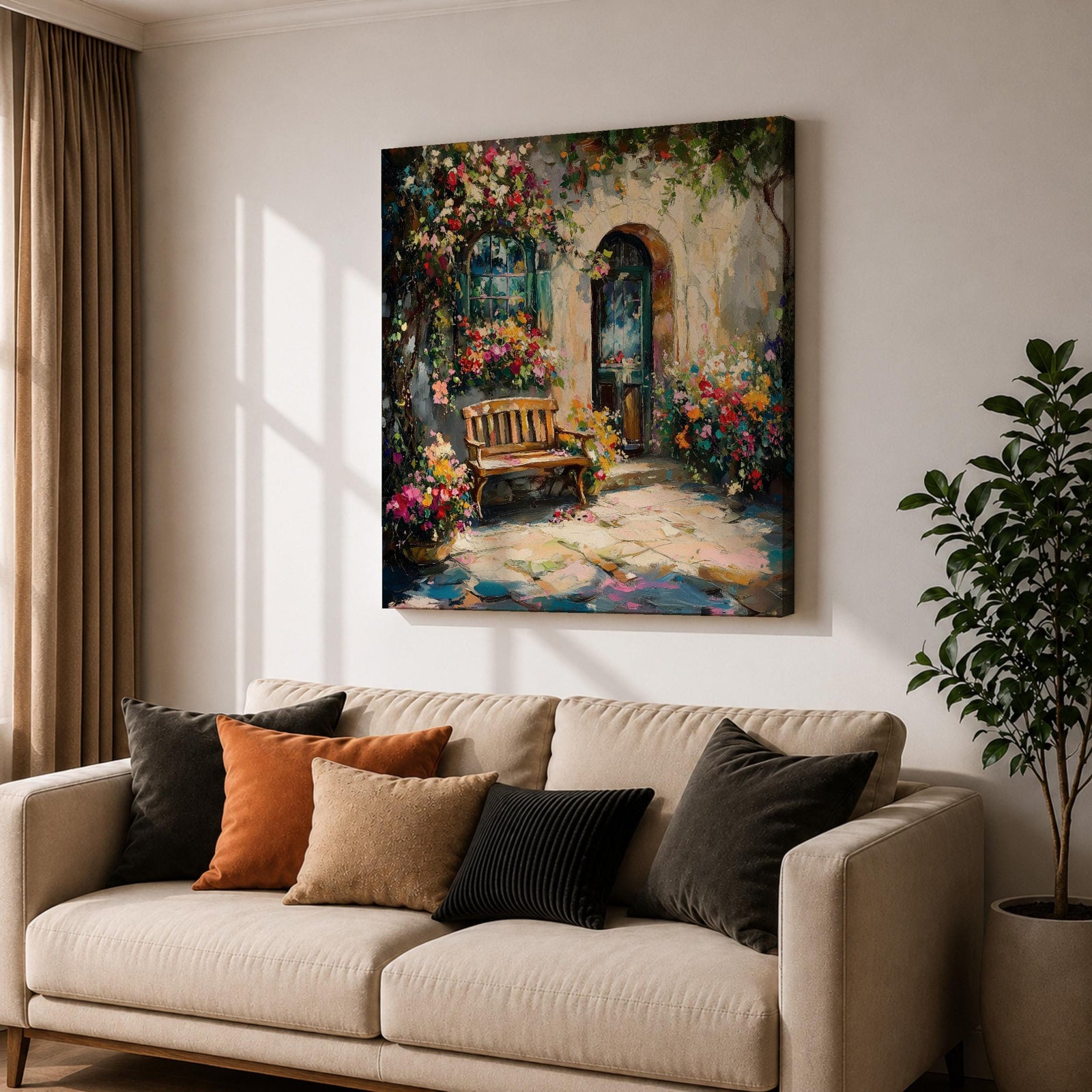 Mediterranean Courtyard Wall Art Italian Patio Framed Canvas Floral Garden Rustic Home Decor
