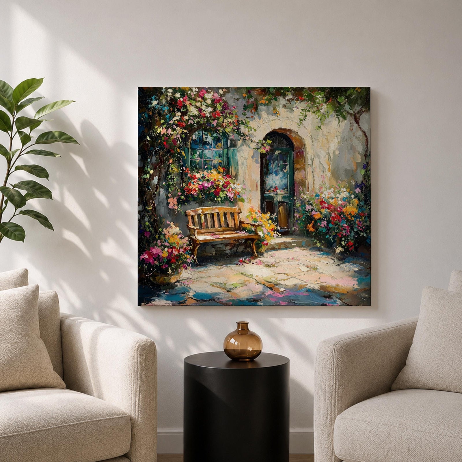 Mediterranean Courtyard Wall Art Italian Patio Framed Canvas Floral Garden Rustic Home Decor
