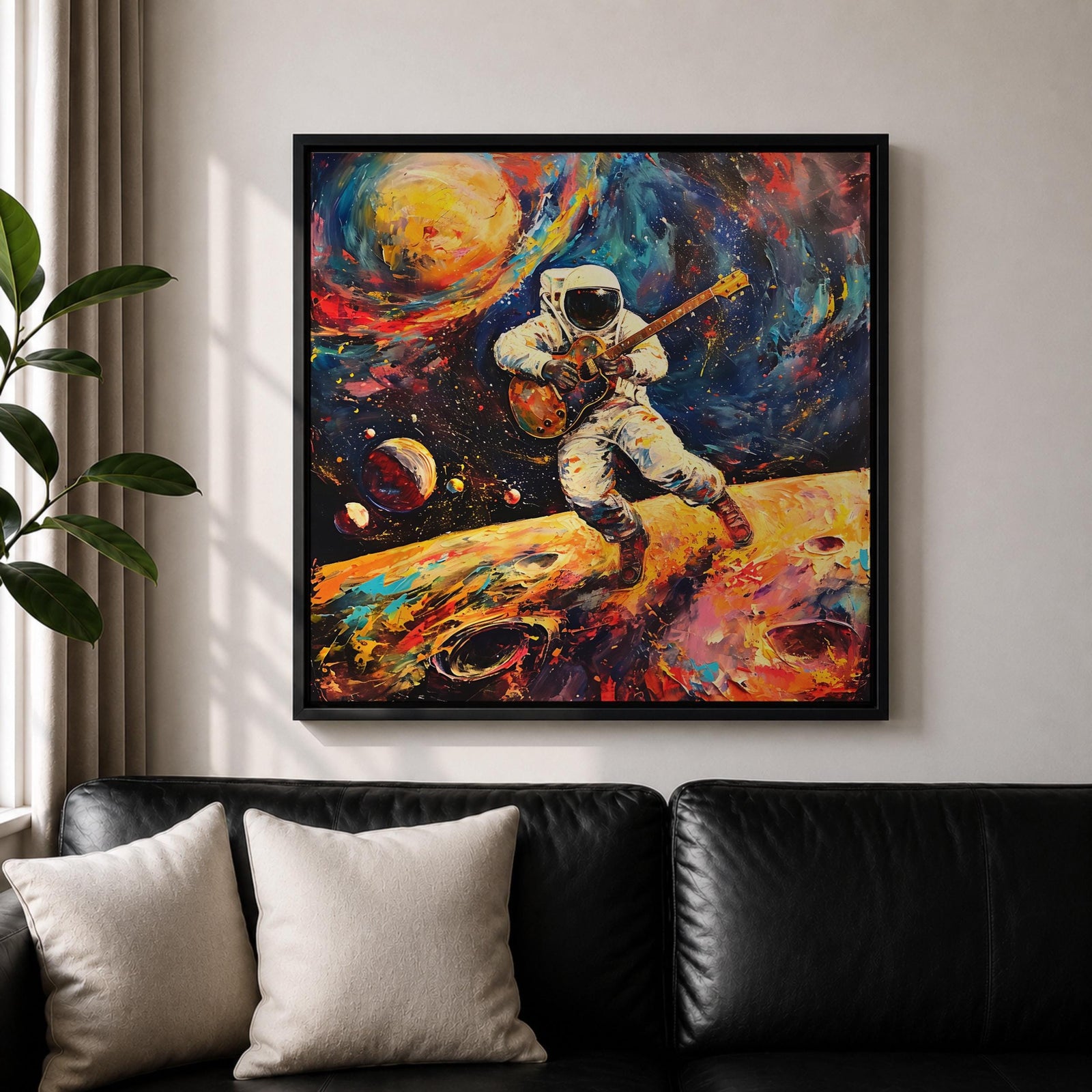 Astronaut Wall Art Space Guitarist Framed Canvas Guitar Player Impasto Music Studio Decor
