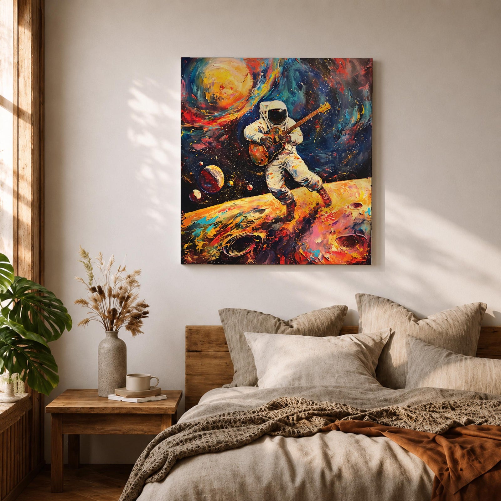 Astronaut Wall Art Space Guitarist Framed Canvas Guitar Player Impasto Music Studio Decor